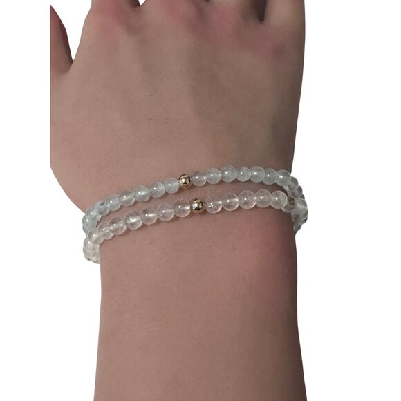 Moonstone & Clear Quartz Gemstone Stretch Bracelet with 14K Gold Accent Bead Han - Picture 7 of 7